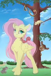 Size: 2000x3000 | Tagged: safe, artist:skitsroom, character:fluttershy, species:bird, species:deer, species:owl, species:pegasus, species:pony, species:rabbit, animal, bambi, butterfly, chameleon, cute, female, heart eyes, kaa, mare, shyabetes, smiling, snake, squirrel, the jungle book, thumper, tree, wingding eyes