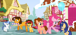 Size: 4122x1889 | Tagged: safe, artist:velveagicsentryyt, character:cheese sandwich, character:pinkie pie, oc, oc:party pie, oc:sky city, oc:sugar high, oc:velvet sentry, parent:cheese sandwich, parent:fancypants, parent:flash sentry, parent:pinkie pie, parent:rarity, parent:twilight sparkle, parents:cheesepie, parents:flashlight, parents:raripants, species:pony, ship:cheesepie, balloon, colt, female, filly, male, offspring, shipping, straight