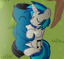 Size: 3600x3300 | Tagged: safe, artist:agkandphotomaker2000, character:dj pon-3, character:vinyl scratch, oc, oc:pony video maker, species:pegasus, species:pony, species:unicorn, branches, canon x oc, cute, outdoors, snuggling, sunlight, tree, under the tree, videoscratch