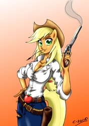 Size: 1240x1754 | Tagged: safe, artist:ciriliko, character:applejack, species:anthro, ambiguous facial structure, belt, breasts, cleavage, gradient background, gun, holster, orange background, pistol, revolver, simple background, straw in mouth, weapon