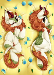 Size: 1428x2000 | Tagged: safe, alternate version, artist:mulberrytarthorse, character:autumn blaze, species:kirin, g4, anatomically incorrect, awwtumn blaze, body pillow, butt, cloven hooves, colored hooves, cute, eyebrows, female, hooves, human shoulders, incorrect leg anatomy, lying down, misleading thumbnail, on back, on side, one eye closed, plot, profile, semi-anthro, wink
