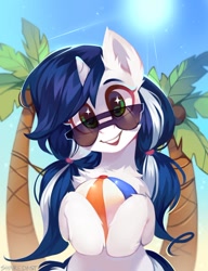 Size: 700x913 | Tagged: safe, artist:share dast, oc, oc only, oc:muffinkarton, species:pony, species:unicorn, beach ball, chest fluff, cute, female, looking at you, mare, ocbetes, open mouth, pigtails, ponytail, signature, smiling, solo, starry eyes, summer, sun, sunglasses, tree, wingding eyes