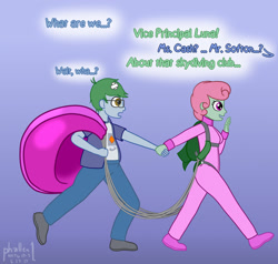 Size: 1134x1079 | Tagged: safe, artist:phallen1, oc, oc only, oc:software patch, oc:windcatcher, newbie artist training grounds, my little pony:equestria girls, atg 2019, bandage, clothing, cutie mark clothes, dialogue, equestria girls-ified, holding hands, implied vice principal luna, jumpsuit, offscreen character, parachute, pulling, walking, windpatch