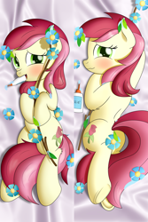 Size: 3334x5000 | Tagged: safe, artist:bluemeganium, character:roseluck, species:pony, episode:student counsel, blushing, body pillow, embarrassed, female, flower, glue, leaves, looking at you, on back, silly, silly pony, solo, stick, strategically covered