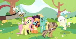 Size: 7624x3920 | Tagged: safe, artist:velveagicsentryyt, character:discord, character:fluttershy, character:saffron masala, character:zephyr breeze, oc, oc:destiny, parent:discord, parent:fluttershy, parent:saffron masala, parent:zephyr breeze, parents:discoshy, parents:saffron breeze, species:pony, species:unicorn, ship:discoshy, butterfly, female, filly, hybrid, interspecies offspring, male, offspring, saffron breeze, shipping, straight