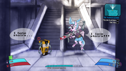 Size: 1536x864 | Tagged: safe, artist:cafecomponeis, character:silverstream, species:classical hippogriff, species:hippogriff, assault rifle, borderlands 2, claptrap, clothing, crossover, dialogue, duo, game, goggles, gun, interface, jewelry, mechromancer, rifle, robot, safety goggles, stairs, that hippogriff sure does love stairs, weapon