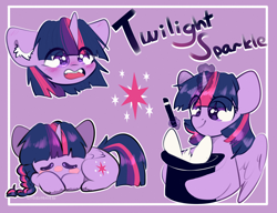 Size: 2600x2000 | Tagged: safe, artist:etoz, part of a set, character:twilight sparkle, character:twilight sparkle (alicorn), species:alicorn, species:pony, species:rabbit, alternate hairstyle, animal, blushing, braid, chibi, clothing, cute, ear fluff, eye clipping through hair, female, happy, hat, horn, magic, mare, open mouth, simple background, sleeping, smiling, top hat, trick, twiabetes, unshorn fetlocks, wings