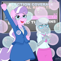 Size: 1200x1200 | Tagged: safe, artist:phallen1, character:diamond tiara, character:silver spoon, species:anthro, species:earth pony, species:pony, newbie artist training grounds, atg 2019, badge, balloon, clothing, crying, cute, election, glasses, jacket, jewelry, jumping for joy, liquid pride, older, skirt, skirt suit, suit, victory