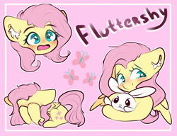 Size: 2600x2000 | Tagged: safe, artist:etoz, part of a set, character:angel bunny, character:fluttershy, species:pegasus, species:pony, blushing, bust, covering face, cute, cutie mark, duo, ear fluff, expressions, female, fluttershy's cutie mark, folded wings, hug, looking at you, mare, name, open mouth, prone, shyabetes, smiling, surprised, three quarter view, wings