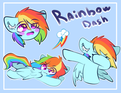 Size: 2600x2000 | Tagged: safe, artist:etoz, part of a set, character:rainbow dash, species:pegasus, species:pony, :3, blushing, bust, chibi, cute, dab, dashabetes, eye clipping through hair, female, happy, mare, multeity, name, open mouth, rainbow dab, simple background, smiling, solo, text, wings