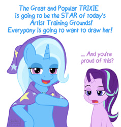 Size: 1000x1050 | Tagged: safe, artist:phallen1, character:starlight glimmer, character:trixie, species:pony, species:unicorn, newbie artist training grounds, atg 2019, cape, clothing, dialogue, hat, meta, simple background, trixie's cape, trixie's hat