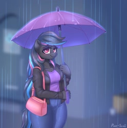 Size: 2094x2109 | Tagged: safe, artist:puetsua, oc, oc only, oc:neon darksky, species:anthro, species:bat pony, anthro oc, bat pony oc, clothing, female, high res, jacket, looking at you, pants, purse, rain, smiling, solo, umbrella, wide hips