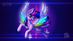 Size: 1280x720 | Tagged: safe, artist:cafecomponeis, character:twilight sparkle, character:twilight sparkle (alicorn), species:alicorn, species:pony, friendship is magic: rainbow roadtrip, g4, my little pony: friendship is magic, colored wings, female, mare, multicolored wings, open mouth, rainbow wings, solo, wallpaper, wing bling, wings