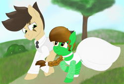 Size: 2795x1897 | Tagged: safe, artist:dyonys, derpibooru original, oc, oc only, oc:lucky brush, oc:night chaser, species:pony, braid, choker, clothing, dress, female, locket, looking at each other, luckychaser, male, mare, marriage, meadow, necktie, scar, stallion, vest, wedding