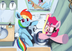 Size: 4960x3508 | Tagged: safe, artist:toisanemoif, character:pinkie pie, character:rainbow dash, species:earth pony, species:pegasus, species:pony, newbie artist training grounds, absurd resolution, atg 2019, bathroom, but why, face mask, female, mare, pinkie being pinkie, sink, snorkel, toilet, wat