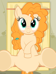 Size: 3899x5148 | Tagged: safe, alternate version, artist:mrkat7214, derpibooru original, character:pear butter, species:earth pony, species:pony, blushing, cute, explicit description, featureless crotch, female, hay bale, legs in air, looking at you, pearabetes, show accurate, smiling, solo, underhoof