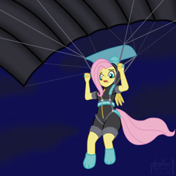 Size: 1000x1000 | Tagged: safe, artist:phallen1, character:fluttershy, species:anthro, newbie artist training grounds, atg 2019, bunny ears, clothing, costume, dangerous mission outfit, female, hoodie, night, parachute, skydiving, solo