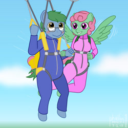 Size: 1000x1000 | Tagged: safe, artist:phallen1, oc, oc:software patch, oc:windcatcher, species:anthro, species:unguligrade anthro, newbie artist training grounds, atg 2019, blushing, clothing, couple, flying, jumpsuit, parachute, sky, windpatch