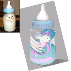 Size: 3000x3000 | Tagged: safe, artist:skitsroom, character:princess celestia, species:alicorn, species:pony, :t, baby bottle, behaving like a cat, bottle, cat, catlestia, female, ponified animal photo, pony in a bottle, sillestia, silly, solo, trapped