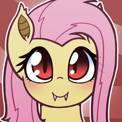 Size: 1000x1000 | Tagged: safe, artist:puetsua, character:flutterbat, character:fluttershy, species:bat pony, species:pony, abstract background, avatar, bat ponified, blushing, bust, cute, fangs, female, full face view, looking at you, mare, outline, portrait, race swap, red eyes, shyabates, shyabetes, smiling, solo, white outline