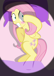 Size: 2480x3508 | Tagged: safe, alternate version, artist:mrkat7214, character:fluttershy, species:pegasus, species:pony, bed, bedsheets, blushing, caught, embarrassed, embarrassed nude exposure, female, fluttershy sleeps naked, high res, nudity, pillow, show accurate, solo, we don't normally wear clothes