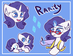 Size: 2600x2000 | Tagged: safe, artist:etoz, part of a set, character:rarity, species:pony, species:unicorn, blushing, bust, cute, cutie mark, ear fluff, female, glasses rarity, heart eyes, magic, mare, measuring tape, multeity, needle, open mouth, portrait, raribetes, rarity's cutie mark, rarity's glasses, solo, sweat, telekinesis, thread, wingding eyes