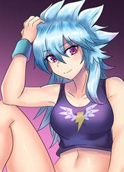 Size: 800x1104 | Tagged: safe, artist:tzc, character:cloudchaser, species:human, g4, adorasexy, armpits, belly button, clothing, colored pupils, commission, cute, cutechaser, eye clipping through hair, eyebrows, eyebrows visible through hair, female, humanized, midriff, sexy, smiling, solo, sports bra, stupid sexy cloudchaser