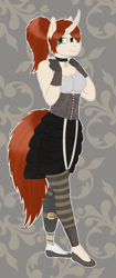 Size: 959x2287 | Tagged: safe, artist:dyonys, derpibooru original, oc, oc only, oc:chiyo saito, species:anthro, species:plantigrade anthro, species:pony, species:unicorn, amputee, choker, clothing, curved horn, female, fingerless gloves, gloves, horn, leggings, looking at you, prosthetic limb, prosthetics, shoes, simple background, skirt, steampunk, tank top