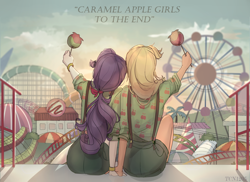 Size: 2200x1600 | Tagged: safe, artist:tcn1205, character:applejack, character:rarity, ship:rarijack, equestria girls:rollercoaster of friendship, g4, my little pony: equestria girls, my little pony:equestria girls, amusement park, caramel apple girl, caramel apple girls, clothing, cute, female, humanized, jackabetes, lesbian, pony coloring, raribetes, rear view, shipping