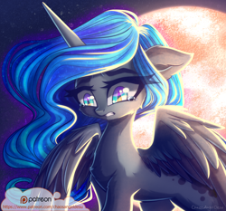 Size: 1100x1027 | Tagged: safe, artist:chaosangeldesu, character:princess luna, species:alicorn, species:pony, cheek fluff, chest fluff, crying, ear fluff, female, full moon, leg fluff, mare, moon, sad, slit eyes, solo, spread wings, teary eyes, wings