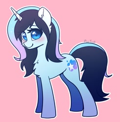 Size: 1314x1338 | Tagged: safe, artist:puetsua, oc, oc only, oc:stardust stellar, species:pony, species:unicorn, blushing, female, looking at you, mare, pink background, simple background, smiling, solo