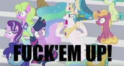 Size: 1366x725 | Tagged: safe, artist:supra80, edit, edited screencap, screencap, character:citrine spark, character:cloudburst, character:daisy, character:fire quacker, character:gallus, character:princess celestia, character:sandbar, character:starlight glimmer, character:twilight sparkle, character:twilight sparkle (alicorn), species:alicorn, species:earth pony, species:pony, episode:2-4-6 greaaat, background pony, clever musings, faec, female, fire flicker, friendship student, jewelry, male, meme, regalia, shocked expression, text, traditional royal canterlot voice, vulgar