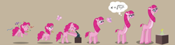 Size: 2427x628 | Tagged: safe, artist:magerblutooth, character:pinkamena diane pie, character:pinkie pie, species:earth pony, species:pony, series:mlp transformed, butterfly, commission, confetti, equation, erlenmeyer flask, eyes closed, faded cutie mark, formula, giraffe, giraffe pie, giraffied, glasses, horns, jumping, long neck, medallion, mental shift, microscope, one eye closed, personality change, scientist, show accurate, simple background, species swap, story included, thought bubble, tongue out, transformation, transformation sequence, vector