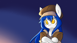 Size: 3840x2160 | Tagged: safe, artist:spheedc, oc, oc only, oc:light chaser, species:earth pony, species:pony, blue hair, clothing, crossed arms, digital art, female, hat, mare, semi-anthro, sky, solo, stars, yellow eyes