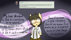 Size: 3840x2160 | Tagged: safe, artist:spheedc, oc, oc only, oc:sphee, species:earth pony, species:pony, abstract background, ask, ask sphee, bipedal, clothing, dialogue, digital art, female, filly, glasses, mare, pigtails, semi-anthro, solo, speech bubble, tumblr