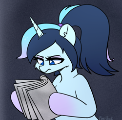 Size: 1166x1142 | Tagged: safe, artist:puetsua, oc, oc only, oc:stardust stellar, species:pony, species:unicorn, alternate hairstyle, dafuq, female, frown, hoof hold, magazine, mare, meme, ponytail, solo, what the fuck am i reading
