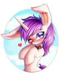 Size: 3508x4329 | Tagged: safe, artist:chaosangeldesu, oc, oc only, oc:lapush buns, species:pony, species:unicorn, bunny ears, bunnycorn, bust, cute, heart, looking at you, one eye closed, simple background, solo, transparent background, wink