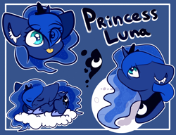 Size: 2600x2000 | Tagged: safe, artist:etoz, part of a set, character:princess luna, species:alicorn, species:pony, :3, blep, bust, cloud, crown, cute, cutie mark, ear fluff, eye clipping through hair, eyebrows, eyebrows visible through hair, eyes closed, female, jewelry, lunabetes, mare, mare in the moon, moon, multeity, on a cloud, portrait, profile, regalia, silluna, sleeping, solo, tongue out