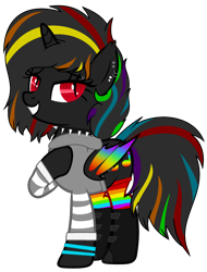 Size: 1730x2271 | Tagged: safe, artist:pegasski, artist:rukemon, base used, oc, oc only, oc:night rainbow, species:alicorn, species:bat pony, species:pony, alicorn oc, bat pony alicorn, bat pony oc, boots, choker, clothing, commission, ear piercing, earring, eyebrow piercing, female, hoodie, jewelry, mare, multicolored hair, piercing, rainbow hair, rainbow socks, raised hoof, red eyes, shoes, simple background, slit eyes, socks, solo, spiked choker, striped socks, transparent background, wing piercing, wristband
