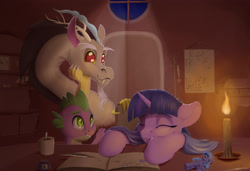 Size: 3500x2400 | Tagged: safe, artist:skitsroom, character:discord, character:princess luna, character:spike, character:twilight sparkle, blanket, boat, book, bookshelf, candle, chair, female, lineart, male, plushie, quill, sleeping, trophy