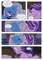 Size: 2893x4092 | Tagged: safe, artist:raph13th, character:starlight glimmer, character:trixie, species:pony, species:unicorn, comic:glim glam and pals, ship:startrix, bed, comic, drunk, drunker glimmer, drunklight glimmer, female, kissing, lesbian, shipping, suprise kiss, surprised, the great and alcoholics trixie, wavy mouth