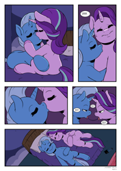 Size: 2893x4092 | Tagged: safe, artist:raph13th, character:starlight glimmer, character:trixie, species:pony, species:unicorn, comic:glim glam and pals, ship:startrix, bed, comic, drool, drool string, drunk, drunker glimmer, drunklight glimmer, female, kissing, lesbian, shipping, the great and alcoholics trixie