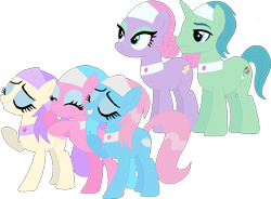 Size: 772x568 | Tagged: safe, artist:starryoak, base used, character:aloe, character:birch bucket, character:lavender essence, character:lotus blossom, character:vera, parent:birch bucket, species:earth pony, species:pony, lavenderbirch, parent, parent:lavender essence, parents:lavenderbirch, spa pony, spa twins, trio