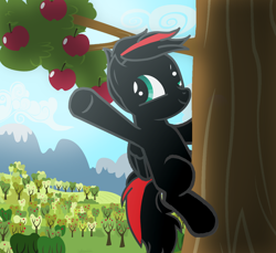 Size: 3600x3300 | Tagged: safe, artist:agkandphotomaker2000, oc, oc only, oc:arnold the pony, species:pegasus, species:pony, apple, apple tree, climbing, food, red and black mane, red and black oc, scenery, solo, tree, tree branch