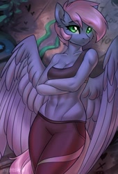Size: 1469x2160 | Tagged: safe, artist:nightskrill, oc, oc only, oc:tempest, species:anthro, species:pegasus, species:pony, abs, anthro oc, clothing, female, graffiti, leaning on wall, looking at you, pants, pegasus oc, solo, sports bra, yoga pants