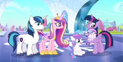 Size: 5617x2849 | Tagged: safe, artist:velveagicsentryyt, character:princess cadance, character:princess flurry heart, character:shining armor, character:twilight sparkle, character:twilight sparkle (alicorn), oc, oc:chryssa, parent:princess cadance, parent:shining armor, parents:shiningcadance, species:alicorn, species:pony, baby, baby pony, best aunt ever, hug, offspring, older