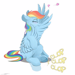 Size: 3000x3000 | Tagged: safe, artist:skitsroom, character:rainbow dash, species:pegasus, species:pony, behaving like a bird, behaving like a dog, blushing, cute, dashabetes, dock, eyes closed, female, floating heart, floppy ears, heart, high res, mare, preening, simple background, solo, underhoof, white background