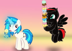 Size: 3000x2160 | Tagged: safe, artist:agkandphotomaker2000, character:dj pon-3, character:vinyl scratch, oc, oc:arnold the pony, species:pegasus, species:pony, species:unicorn, food, i don't ship them, ice cream, levitation, magic, red and black mane, red and black oc, surprised, telekinesis, tower of ice cream