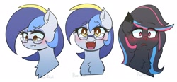 Size: 2361x1096 | Tagged: safe, artist:puetsua, oc, oc only, oc:eclipse lim, oc:neon darksky, species:bat pony, species:pony, bat pony oc, blood, blushing, bust, chest fluff, duo, expressions, fangs, female, glasses, happy, mare, nosebleed, open mouth, portrait, simple background, slit eyes, smiling, white background
