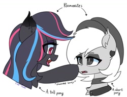 Size: 1577x1198 | Tagged: safe, artist:puetsua, oc, oc only, oc:chalk white, oc:neon darksky, species:bat pony, species:pony, bat pony oc, boop, bust, chest fluff, choker, clothing, duo, ear piercing, female, hat, looking at each other, mare, non-consensual booping, open mouth, piercing, portrait, raised hoof, simple background, size difference, slit eyes, smiling, text, white background